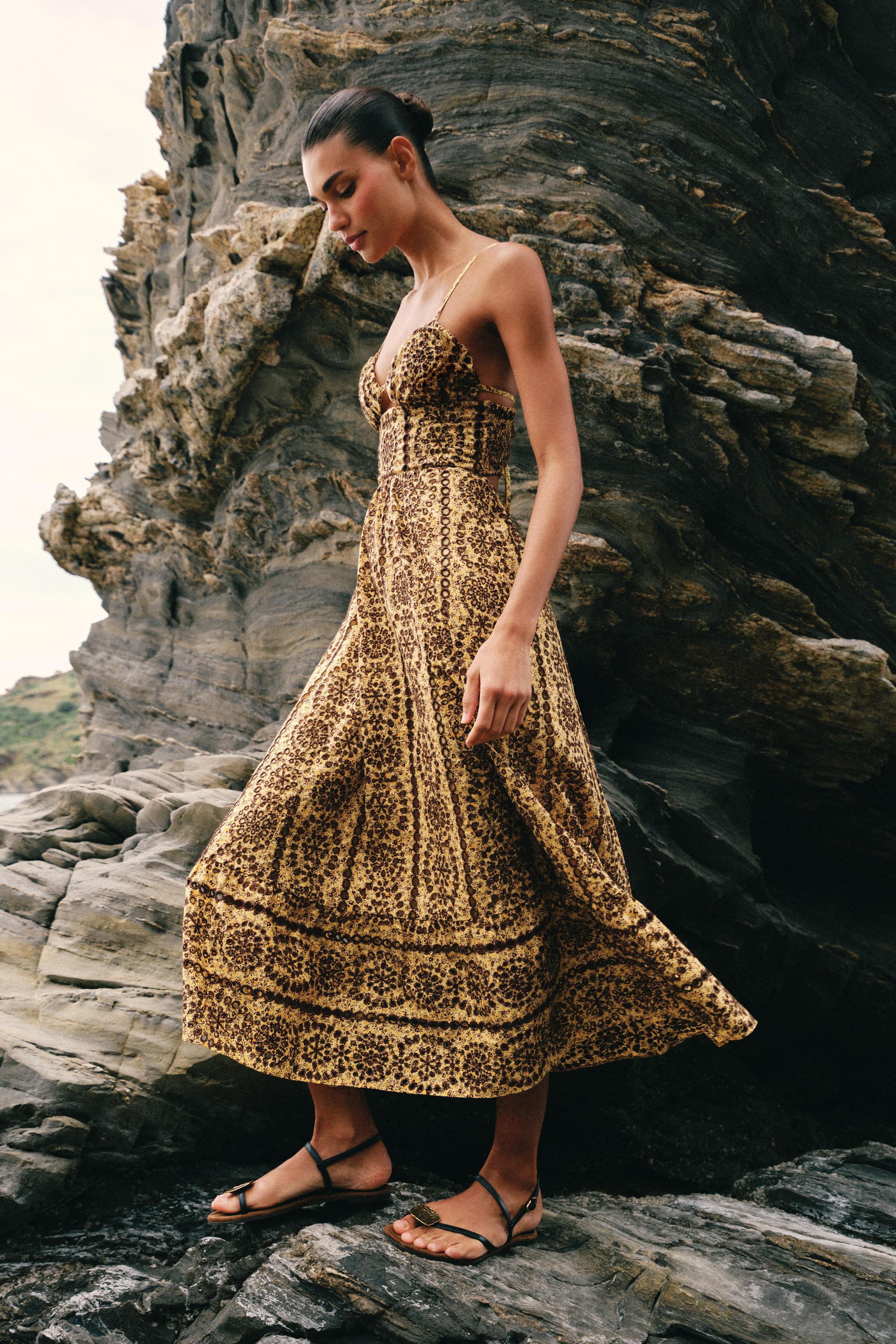 CUT-OUT EMBROIDERED EYELET MIDI DRESS